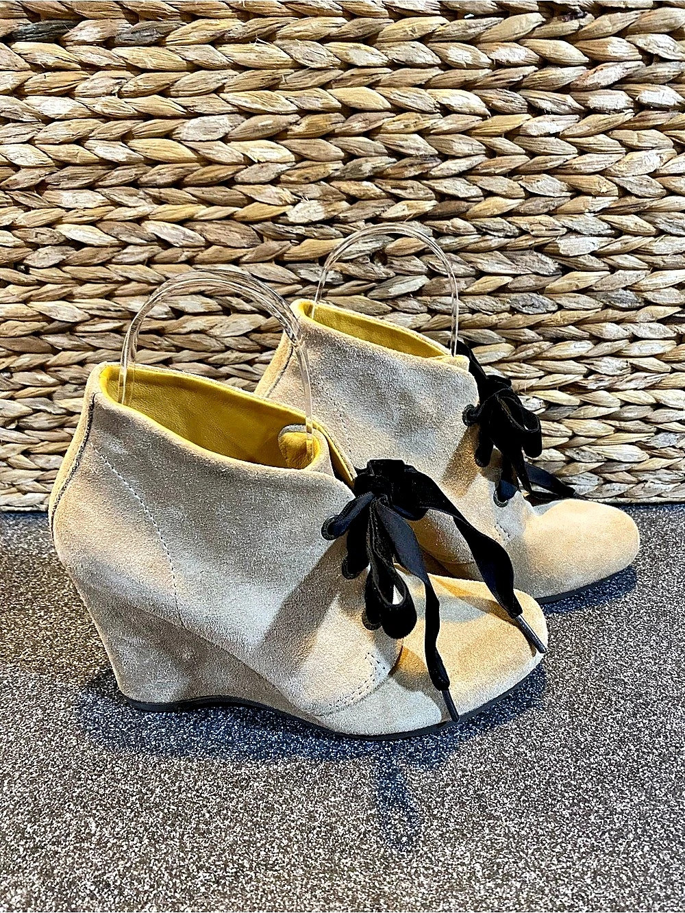 Bussola Enna Tan Wedge Booties with Black Ribbon Laces